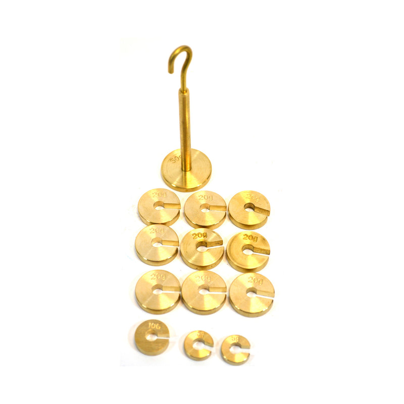 Brass Slotted Masses and Hanger Set | 50g Hanger + 12 Mass Discs (2x5g, 1x10g, 9x20g)