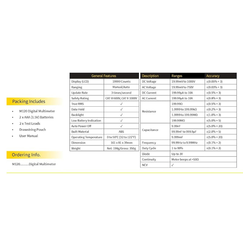 Digital Multimeter M120 | True RMS | 1000V | Manual/Auto Ranging