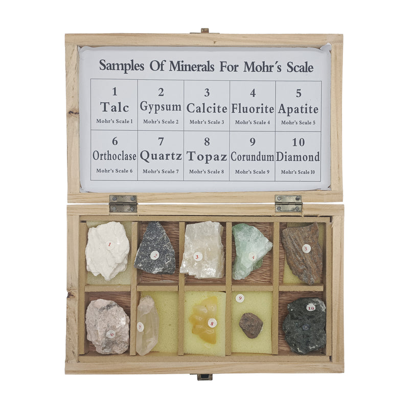 Samples of 10 Minerals for Mohr's Scale Tester with Wooden Box