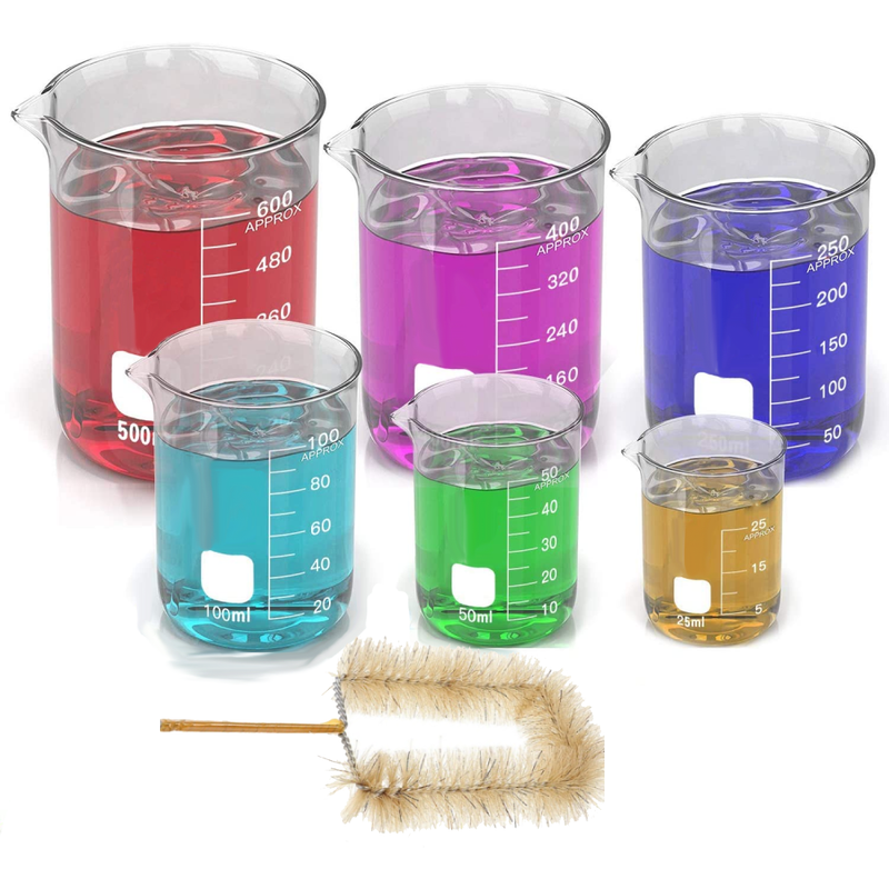 6 Pack Low Form Thick Borosilicate Glass Beaker Set with Brush