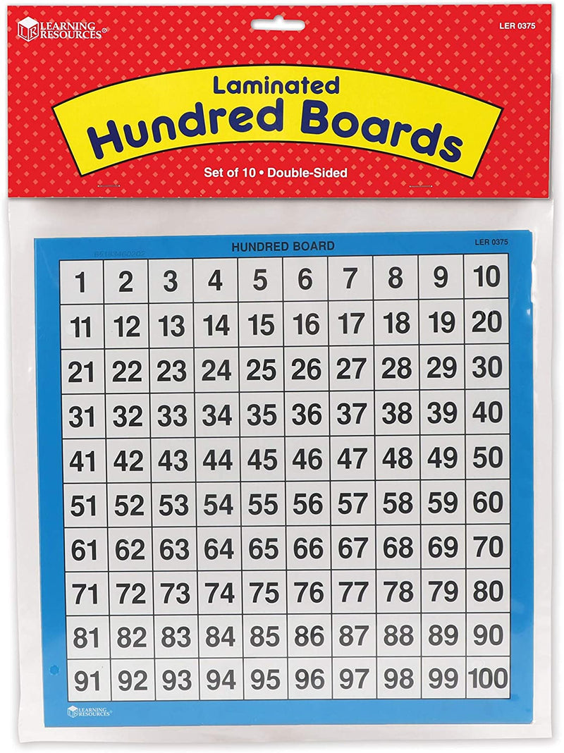 Laminated Hundred Boards, Dry Erase Counting Aid, Set of 10