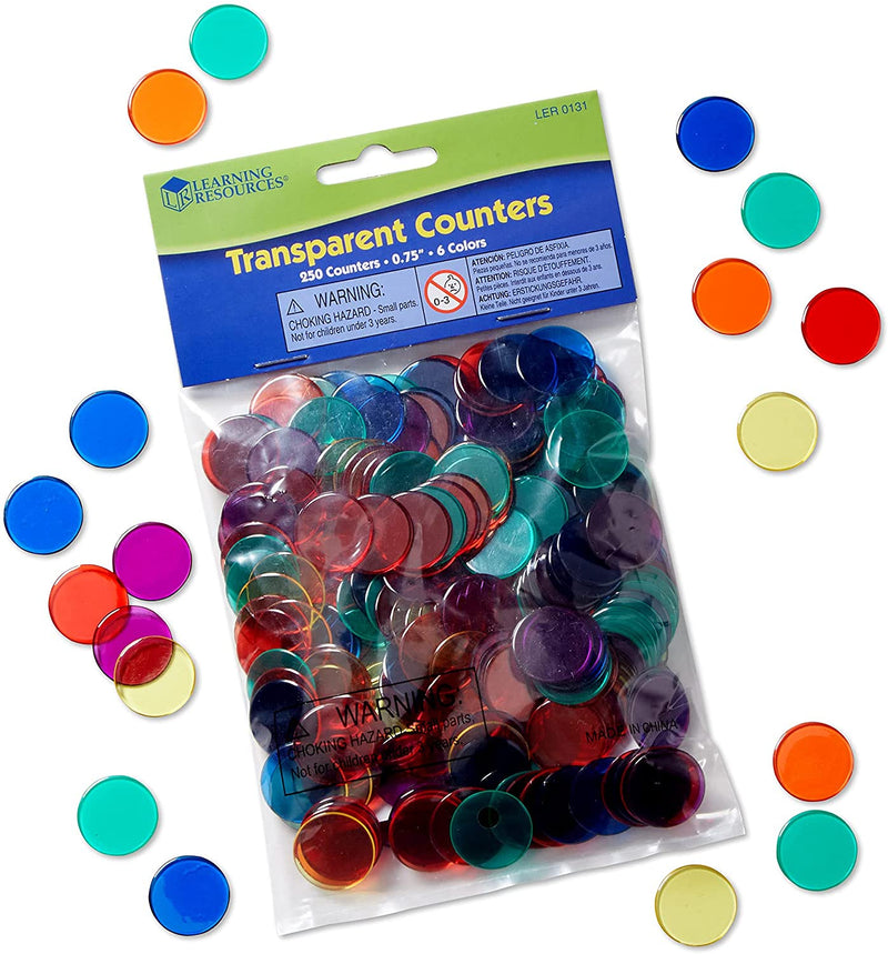 Transparent Color Counting Chips, Set of 250 Assorted Colored Chips