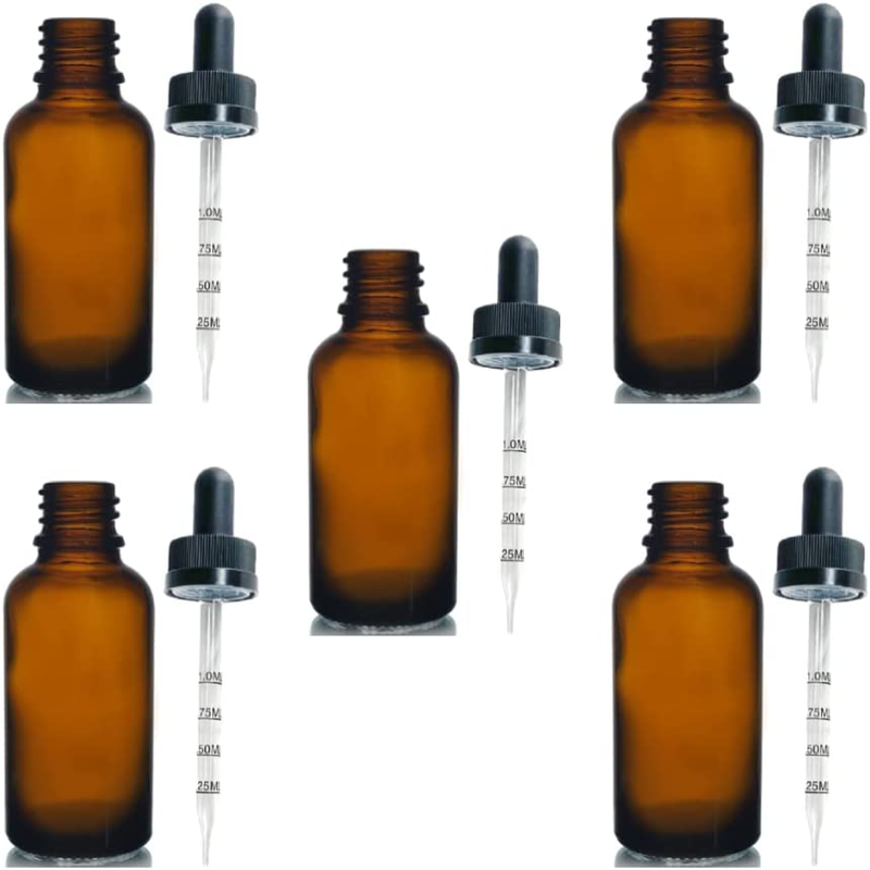 Set of 5 Amber 30ml Glass Bottle with Graduated Calibrated Dropper